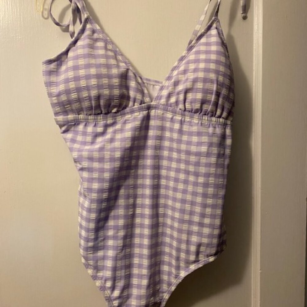 Kona Sol Swimsuit Purple & White Gingham 1 Pc Empire Waist Strappy Modest NWT 14